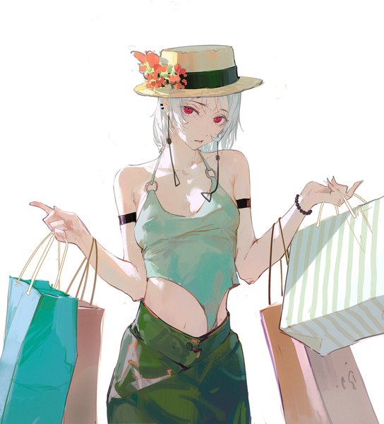 Anime picture 1800x1985 with chainsaw man mappa fami (chainsaw man) dino (dinoartforame) single tall image looking at viewer highres short hair simple background red eyes white background silver hair head tilt girl hat earrings shopping bag