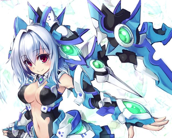 Anime picture 1280x1024 with original oukawa yuu single long hair looking at viewer blush breasts light erotic smile red eyes white hair mecha musume mechanical wings girl navel wings