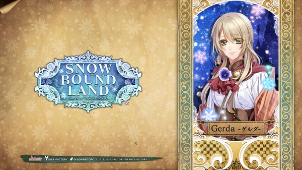 Anime picture 1920x1080 with snow bound land idea factory gerda (snow bound land) single long hair looking at viewer fringe highres simple background blonde hair wide image green eyes light smile scan inscription official art copyright name character names snowing girl