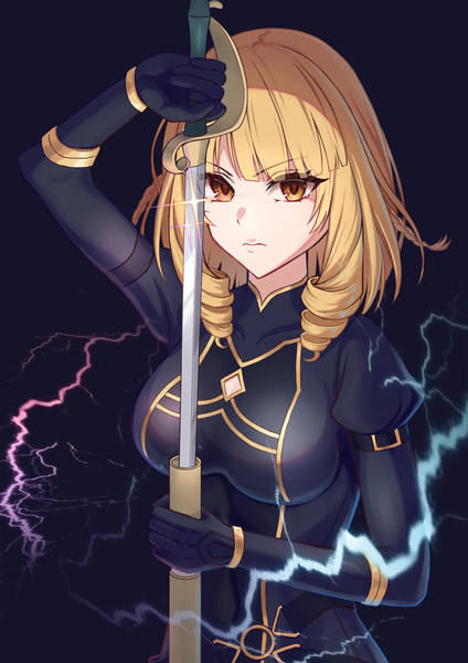 Anime picture 2452x3467 with kage no jitsuryokusha ni naritakute! rose oriana soymilk26 single tall image looking at viewer fringe highres short hair breasts simple background blonde hair large breasts standing holding yellow eyes blunt bangs arm up drill hair black background