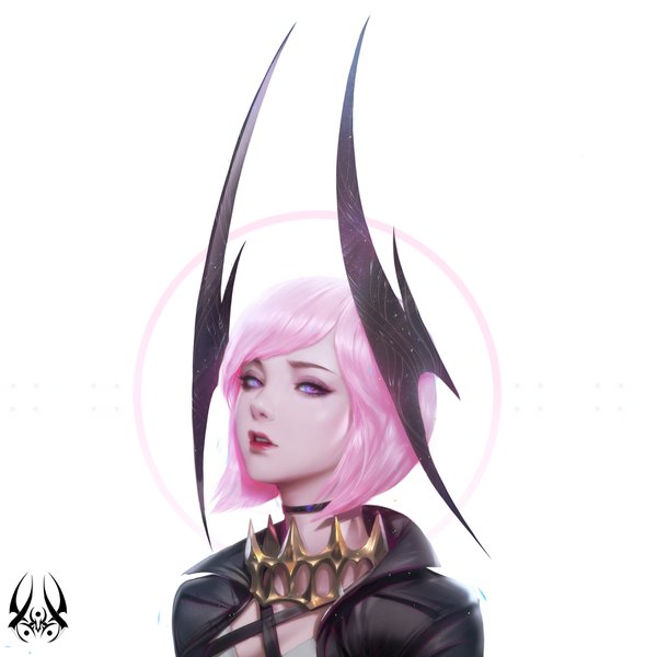 Anime picture 3500x3500 with deathverse (zeronis) original selena (deathverse) paul (shiramune) single looking at viewer highres short hair simple background white background pink hair absurdres parted lips pink eyes horn (horns) aqua eyes lipstick watermark portrait red lipstick