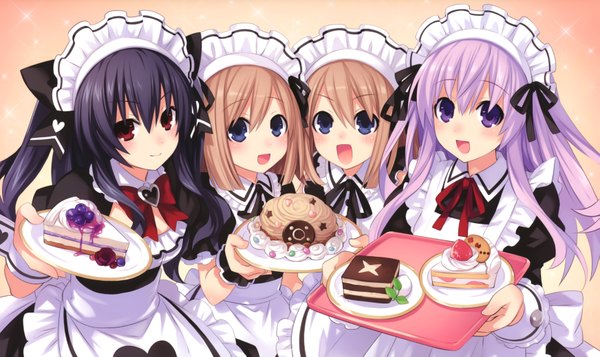 Anime picture 6969x4156 with choujigen game neptune nepgear uni (choujigen game neptune) rom (choujigen game neptune) ram (choujigen game neptune) tsunako long hair blush highres open mouth blue eyes black hair red eyes brown hair wide image purple eyes multiple girls absurdres purple hair scan