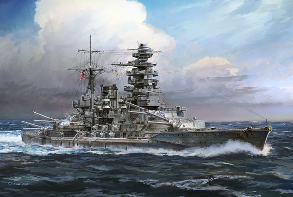 Аниме картинка 1400x941 с оригинальное изображение kurokawa kenji небо облако (облака) оружие море огнестрельное оружие флаг плавсредство корабль японский флаг