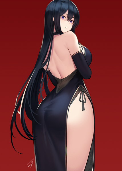 Anime picture 2381x3340 with original hayabusa single long hair tall image looking at viewer fringe highres breasts light erotic black hair simple background hair between eyes large breasts standing purple eyes signed ass from behind mole