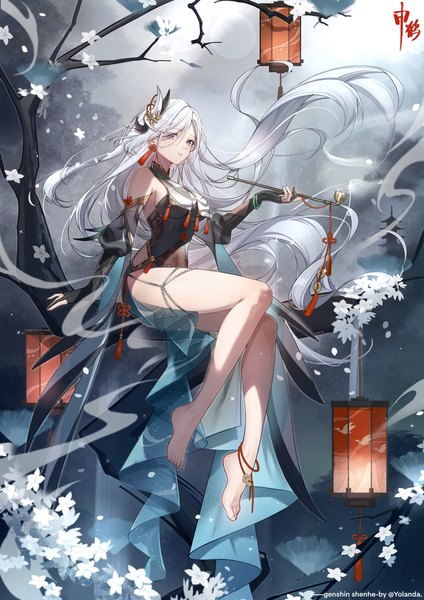 Anime picture 2847x4028 with genshin impact shenhe (genshin impact) yolanda single tall image looking at viewer fringe highres breasts blue eyes large breasts sitting bare shoulders holding payot silver hair bent knee (knees) outdoors very long hair parted lips