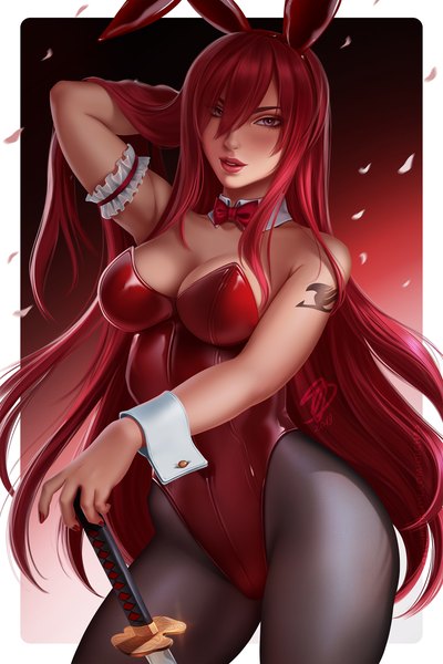 Anime picture 1667x2500 with fairy tail erza scarlet olchas single long hair tall image looking at viewer blush fringe breasts light erotic simple background hair between eyes red eyes large breasts standing signed animal ears cleavage red hair
