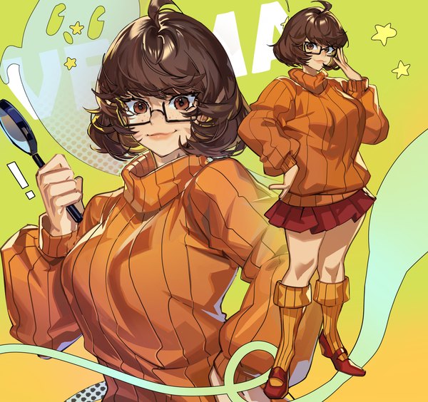 Anime picture 4096x3848 with scooby-doo velma dinkley (scooby-doo) mato-c single looking at viewer fringe highres short hair smile brown hair standing holding brown eyes absurdres full body upper body ahoge long sleeves pleated skirt inscription