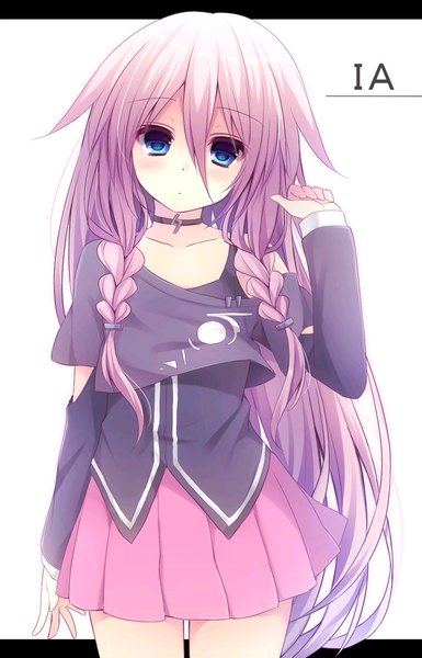 Anime picture 630x980 with vocaloid ia (vocaloid) komomo (ptkrx) long hair tall image looking at viewer blush fringe blue eyes simple background hair between eyes standing white background pink hair braid (braids) pleated skirt arm up :o character names twin braids