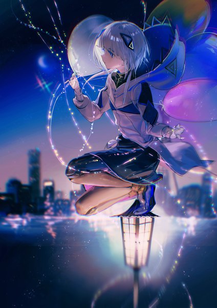 Anime picture 2480x3508 with kamitsubaki studio cevio kafu (cevio) rumoon single long hair tall image highres twintails looking away silver hair outdoors profile night low twintails squat girl hood building (buildings) balloon