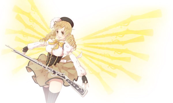 Anime picture 1591x945 with mahou shoujo madoka magica shaft (studio) tomoe mami moeko (artist) single blonde hair wide image yellow eyes drill hair fake wings girl thighhighs gloves weapon hat wings fingerless gloves rifle