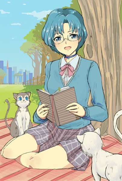 Anime picture 700x1035 with bishoujo senshi sailor moon toei animation mizuno ami tsubobot single tall image short hair blue eyes sitting holding blue hair pleated skirt aqua hair city plaid skirt cityscape nature girl skirt ribbon (ribbons)