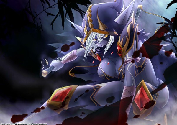 Anime picture 1190x841 with dota 2 (game) templar assasin (dota 2) blackrabbit0626 single long hair looking at viewer fringe breasts light erotic large breasts holding yellow eyes silver hair pointy ears fighting stance blue skin girl weapon hood dagger