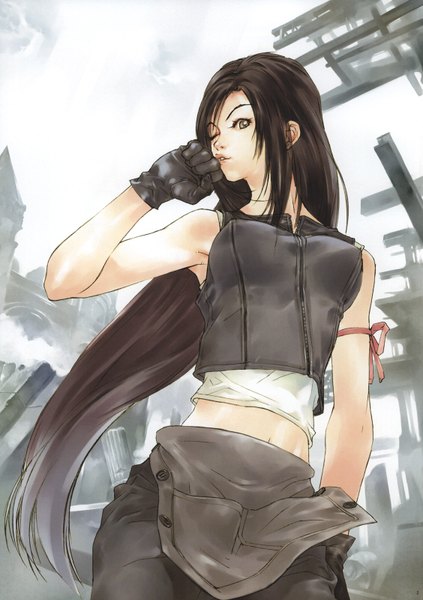Anime picture 1128x1600 with okazaki takeshi single long hair tall image looking at viewer brown hair brown eyes one eye closed wink scan sleeveless hand in pocket girl gloves ribbon (ribbons) building (buildings) fist overalls