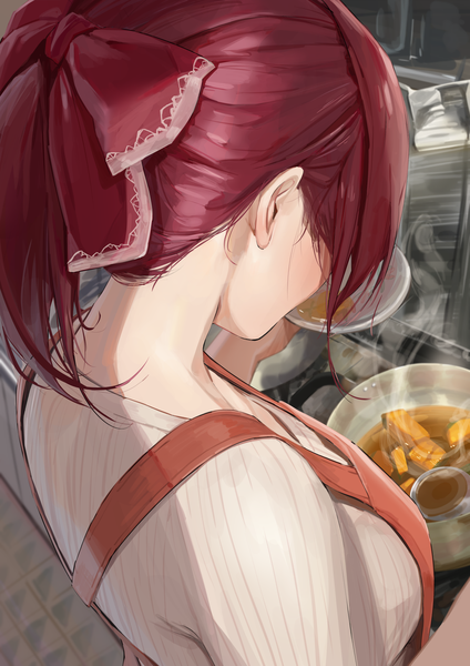 Anime picture 1447x2047 with virtual youtuber hololive houshou marine musunde hiraite (mh5jta) tall image blush short hair breasts standing holding payot upper body ponytail red hair indoors from above from behind alternate costume alternate hairstyle cooking