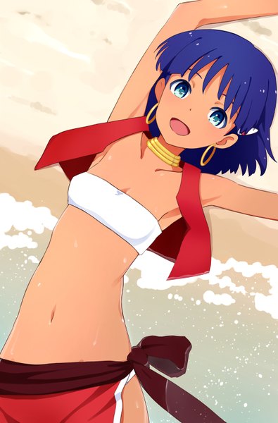 Anime picture 1012x1536 with fushigi no umi no nadia nadia yahiro (epicopeiidae) single tall image looking at viewer fringe short hair open mouth blue hair aqua eyes arms up beach tan girl navel swimsuit earrings choker hairclip