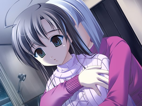 Anime picture 800x600 with mashiro botan fizz miyazono mashiro long hair short hair black hair multiple girls green eyes game cg silver hair ahoge upper body indoors night hug hug from behind bob cut empty eyes girl 2 girls