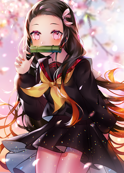 Anime picture 750x1049 with kimetsu no yaiba ufotable kamado nezuko xionfes single long hair tall image looking at viewer blush black hair holding signed long sleeves nail polish pleated skirt pink eyes multicolored hair fingernails blurry two-tone hair