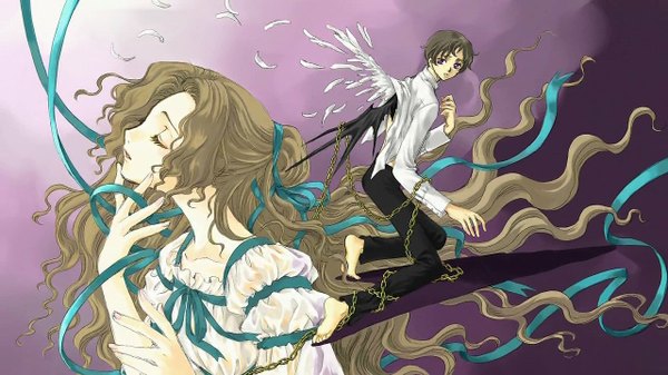 Anime picture 1280x720 with code geass sunrise (studio) nunnally lamperouge rolo lamperouge long hair brown hair wide image eyes closed ribbon (ribbons) wings chain cap