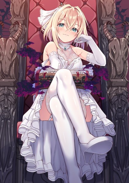 Anime picture 849x1200 with fate (series) fate/grand order fate/extra fate/extra ccc nero claudius (fate) nero claudius (bride) (fate) nozomi tsubame single tall image looking at viewer blush fringe short hair light erotic blonde hair hair between eyes sitting green eyes bent knee (knees) light smile