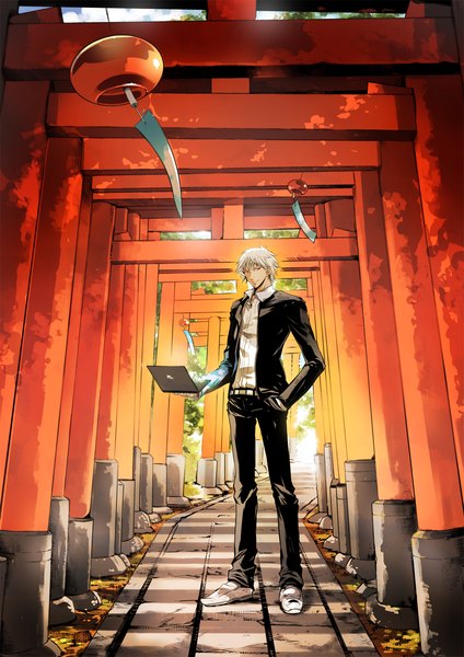 Anime picture 1200x1697 with original ichizen (o tori) single tall image looking at viewer short hair smile red eyes silver hair wind hand in pocket boy bell suit torii road laptop