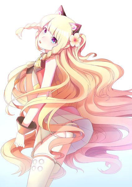 Anime picture 1504x2125 with vocaloid seeu kakon single long hair tall image looking at viewer blush blue eyes light erotic blonde hair white background animal ears braid (braids) hair flower cat ears girl thighhighs dress hair ornament