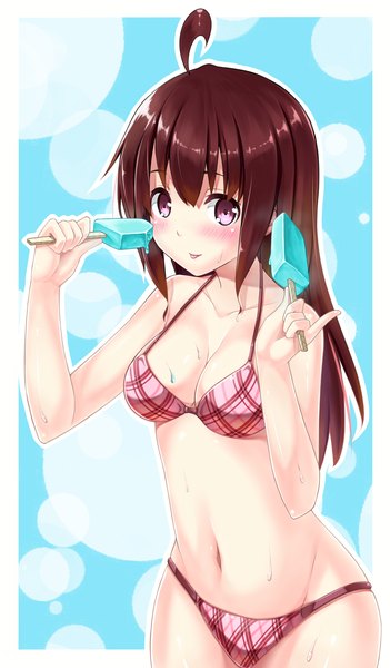 Anime picture 1000x1709 with original uyu (keyakinoki) single long hair tall image looking at viewer blush brown hair purple eyes ahoge border outside border girl navel swimsuit bikini food sweets ice cream popsicle