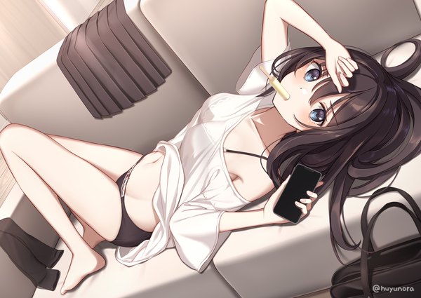 Anime picture 3000x2124 with original huyunora single looking at viewer fringe highres blue eyes light erotic black hair hair between eyes holding signed bent knee (knees) indoors lying pleated skirt wide sleeves bare legs on back dutch angle