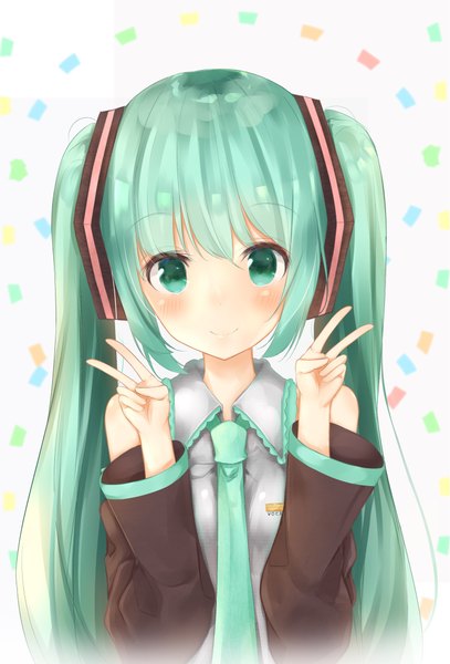 Anime picture 1499x2208 with vocaloid hatsune miku sashima single long hair tall image looking at viewer blush fringe simple background hair between eyes white background twintails bare shoulders green eyes payot upper body green hair victory girl