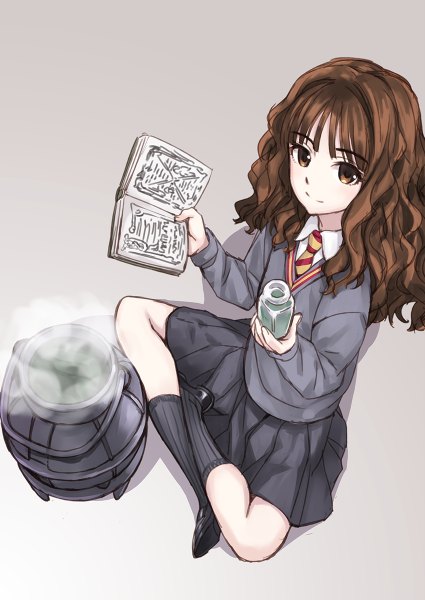 Anime picture 850x1200 with harry potter hermione granger matsuryuu single long hair tall image looking at viewer simple background brown hair brown eyes from above gradient background looking up girl skirt uniform school uniform miniskirt shirt socks