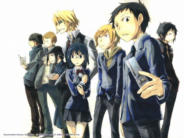 Anime picture 1600x1200 with durarara!! brains base (studio) orihara izaya heiwajima shizuo sonohara anri kida masaomi ryuugamine mikado kadota kyohei yumasaki walker karisawa erika short hair black hair blonde hair white background multiple girls multiple boys group 6+ boys girl boy