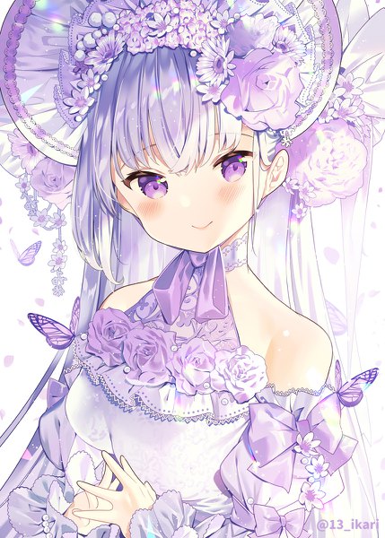 Anime picture 858x1200 with original ikari (aor3507) single long hair tall image looking at viewer smile purple eyes bare shoulders signed silver hair upper body hair flower twitter username fingers together girl flower (flowers) hat rose (roses) insect