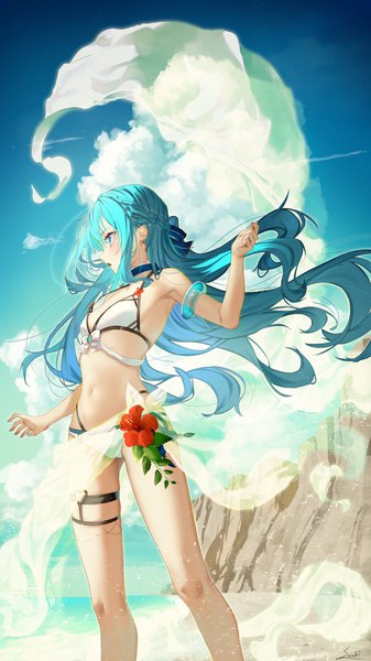 Anime picture 1080x1920 with original saraki single long hair tall image blush fringe open mouth blue eyes light erotic hair between eyes standing signed payot blue hair looking away sky cloud (clouds) outdoors braid (braids)