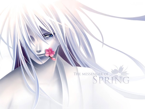 Anime picture 2048x1536 with hiiro no kakera yuuichi komura long hair fringe highres blue eyes traditional clothes wallpaper pale skin white skin boy flower (flowers) petals