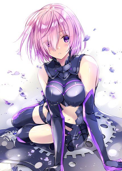 Anime picture 1110x1553 with fate (series) fate/grand order mash kyrielight kobayashi chisato single tall image looking at viewer blush fringe short hair breasts light erotic simple background large breasts white background sitting purple eyes pink hair bent knee (knees) parted lips