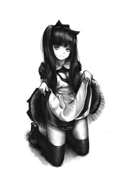 Anime picture 2480x3508 with original rhasta long hair tall image looking at viewer highres light erotic black hair simple background white background grey eyes monochrome dress lift girl thighhighs dress black thighhighs