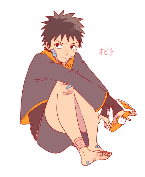 Anime picture 1080x1313 with naruto studio pierrot naruto (series) uchiha obito cian63015 single tall image fringe short hair black hair simple background red eyes white background sitting holding looking away full body bent knee (knees) barefoot inscription