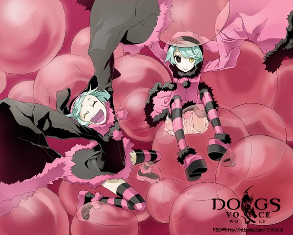 Anime picture 1400x1126 with dogs: bullets & carnage david production luki noki psd (pixiv) short hair open mouth multiple girls green eyes eyes closed long sleeves green hair inscription heterochromia striped siblings twins girl thighhighs dress