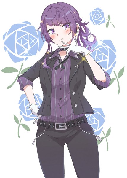 Anime picture 1066x1491 with idolmaster idolmaster shiny colors tanaka mamimi eito12 single long hair tall image looking at viewer blush fringe standing purple eyes purple hair sparkle victory floral background girl gloves belt white gloves