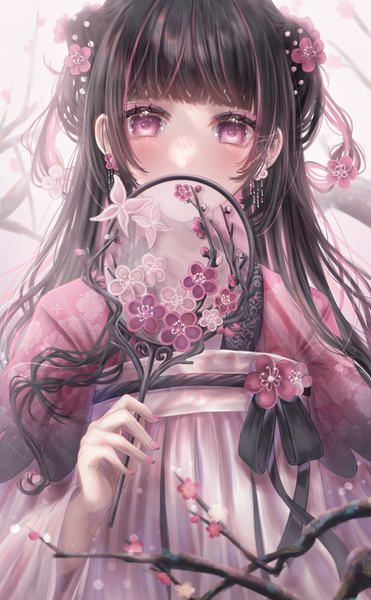 Anime picture 1032x1668 with original yuubarish single long hair tall image looking at viewer blush fringe black hair standing holding payot upper body blunt bangs nail polish traditional clothes pink eyes multicolored hair hair flower fingernails