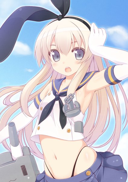 Anime picture 1447x2047 with kantai collection shimakaze destroyer rensouhou-chan naturalton single long hair tall image blush open mouth blonde hair purple eyes looking away sky cloud (clouds) bare belly hand on head girl skirt gloves navel