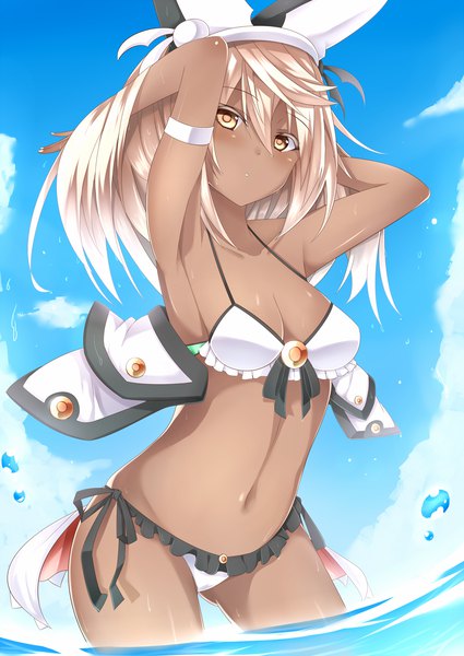 Anime picture 1200x1694 with guilty gear guilty gear xrd ramlethal valentine snm (sunimi) single long hair tall image looking at viewer fringe breasts light erotic blonde hair hair between eyes yellow eyes sky cloud (clouds) partially submerged dark skin adjusting hair arms behind head