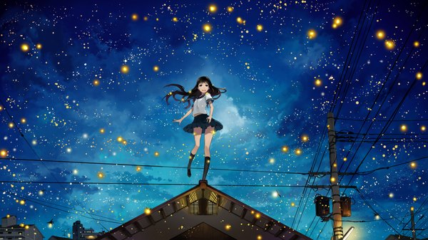 Anime picture 1920x1080 with original justminor single long hair highres open mouth blue eyes black hair wide image night girl skirt socks serafuku black socks wire (wires) fireflies