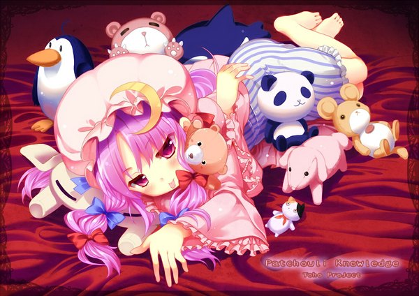 Anime picture 1024x724 with touhou patchouli knowledge pikazo (artist) long hair blush purple eyes pink hair lying :p girl tongue toy stuffed animal bonnet