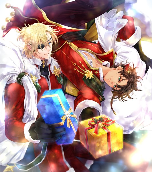 Anime picture 750x848 with fire emblem fire emblem: three houses nintendo dimitri alexandre blaiddyd claude von riegan hksi1pin tall image looking at viewer fringe short hair blue eyes blonde hair smile hair between eyes brown hair holding green eyes multiple boys christmas upside down