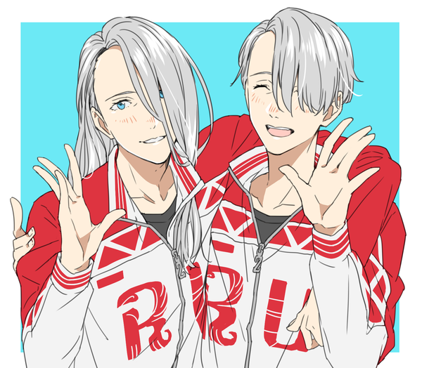 Anime picture 1510x1320 with yuri!!! on ice mappa viktor nikiforov natsuko (bluecandy) long hair looking at viewer blush short hair open mouth blue eyes simple background silver hair eyes closed parted lips multiple boys blue background ^ ^ dual persona alternate age waving