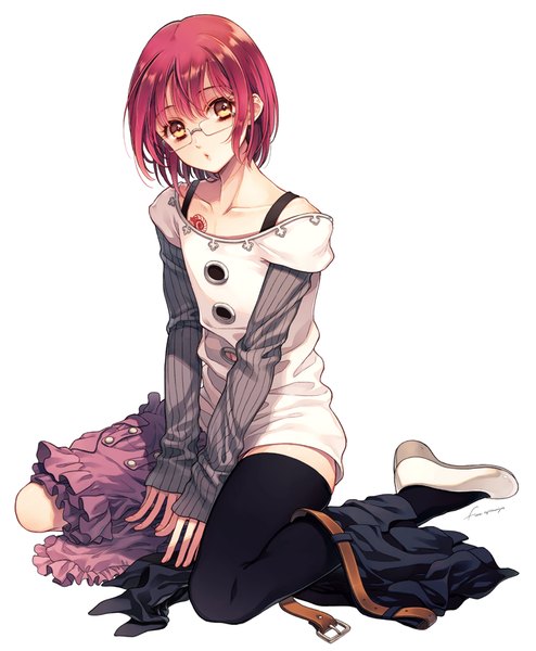 Anime picture 700x850 with nanatsu no taizai a-1 pictures gowther (nanatsu no taizai) ayamiya fumi single tall image looking at viewer fringe short hair simple background white background sitting yellow eyes pink hair bent knee (knees) long sleeves :o tattoo otoko no ko thighhighs