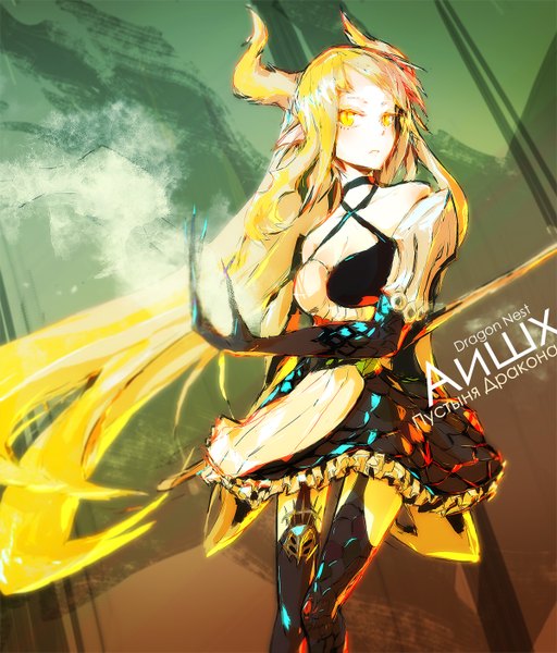 Anime picture 1200x1407 with dragon nest lowlight kirilenko single long hair tall image blonde hair yellow eyes horn (horns) pointy ears inscription girl dress