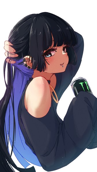 Anime picture 2160x3840 with bocchi the rock! cloverworks monster energy pa-san teru (teru11061) single long hair tall image fringe highres blue eyes black hair simple background white background bare shoulders payot purple hair upper body blunt bangs multicolored hair