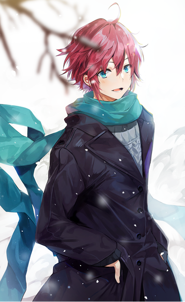 Anime picture 517x844 with original bosack single tall image fringe short hair open mouth blue eyes hair between eyes pink hair ahoge from above blurry depth of field snowing looking up winter snow hands in pockets boy