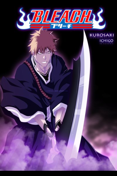 Anime picture 800x1202 with bleach studio pierrot kurosaki ichigo tremblax single tall image short hair traditional clothes japanese clothes orange hair inscription orange eyes grin coloring letterboxed smoke angry boy weapon sword
